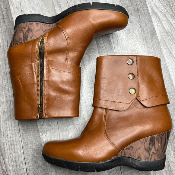 Sanita Maddox Fold Over Wedge Leather Booties Ankle Boot Faux Wood 38 US 7.5-8 - Picture 2 of 10